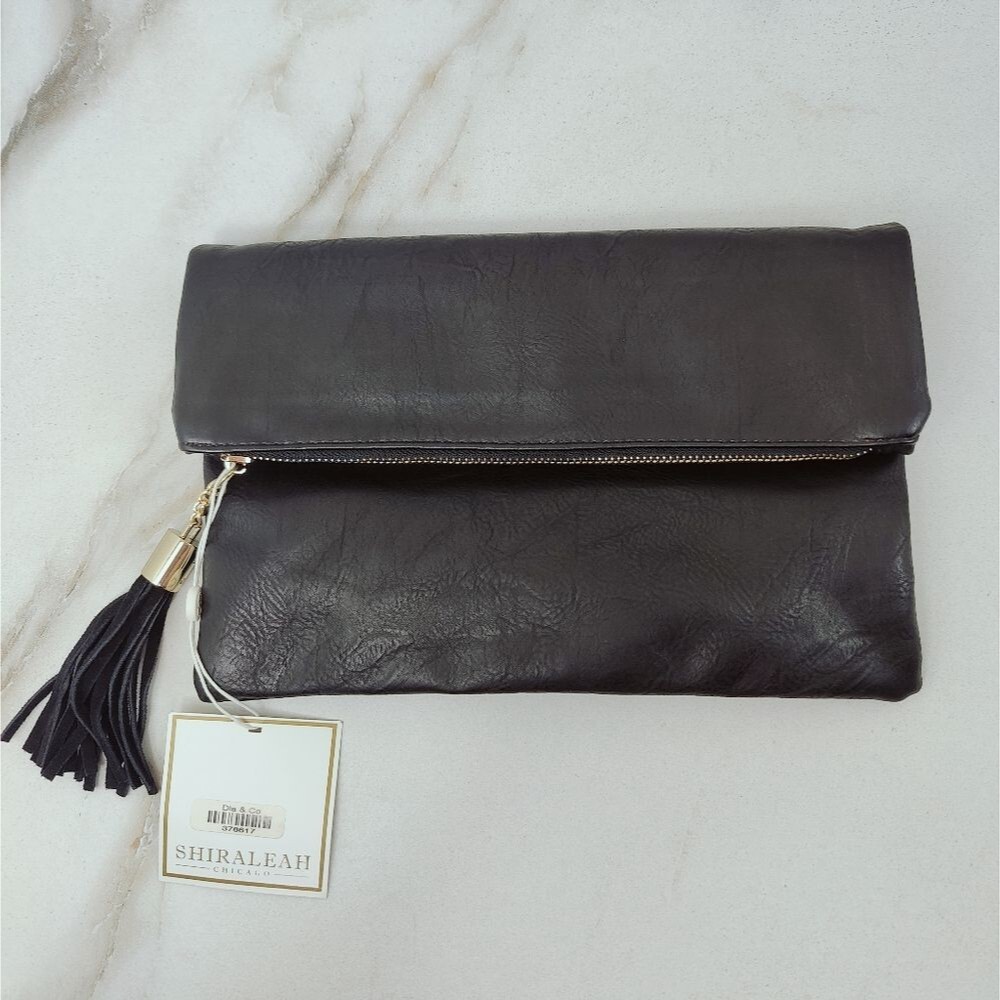 NWT Shiraleah Lauren Black Faux Leather Foldover Tassel Clutch